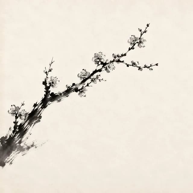 Minimal ink artwork of plum branches and blossoms
